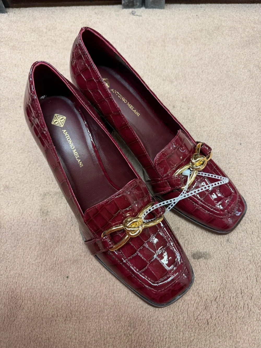 ANTONIO MELANI Burgundy Croc-Embossed Block Heel Loafers with Gold Bit